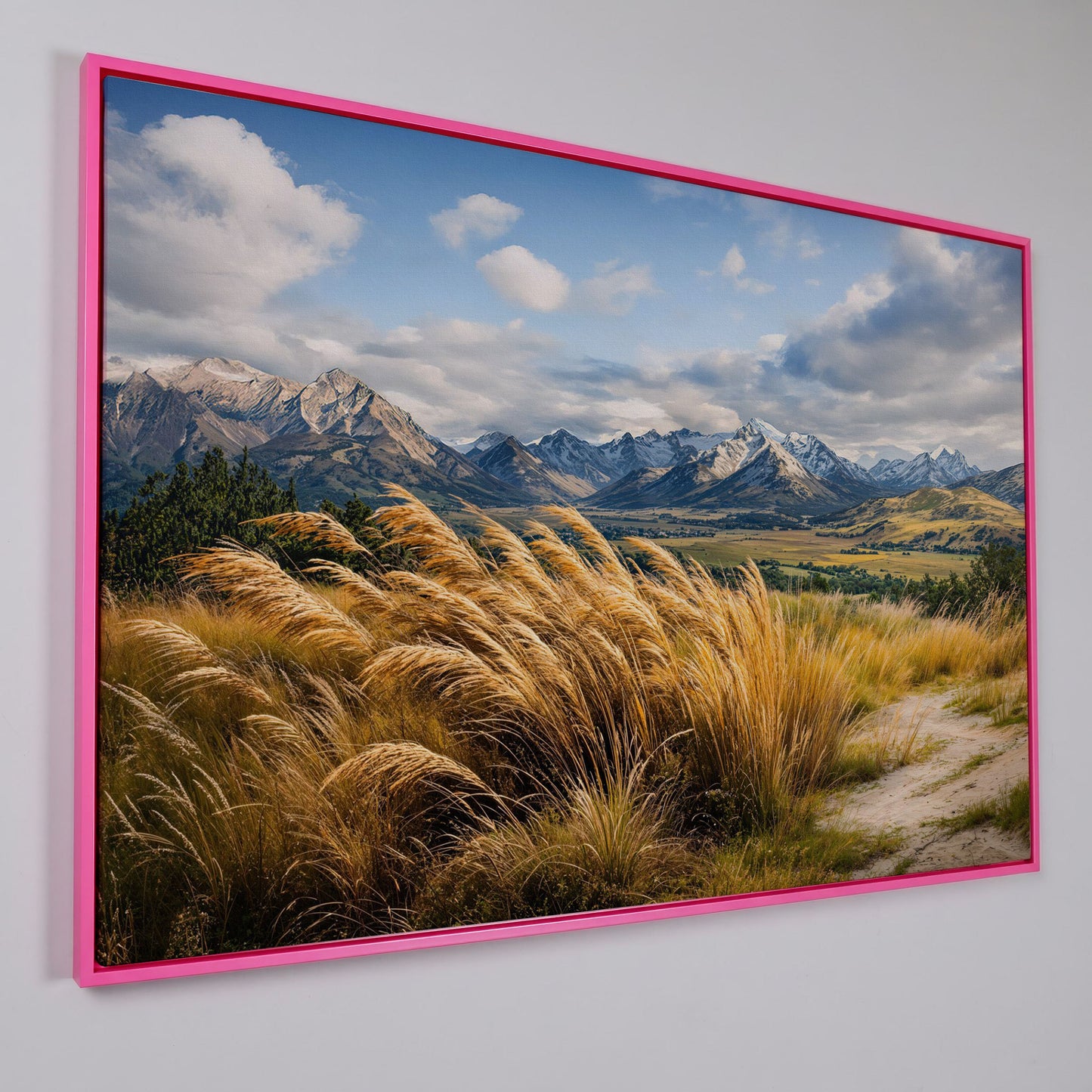Mountain Valley Panoramic Canvas in pink floating frame