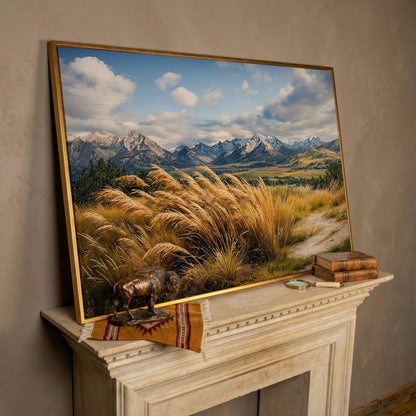 Mountain Valley Panoramic Canvas in rose gold floating frame