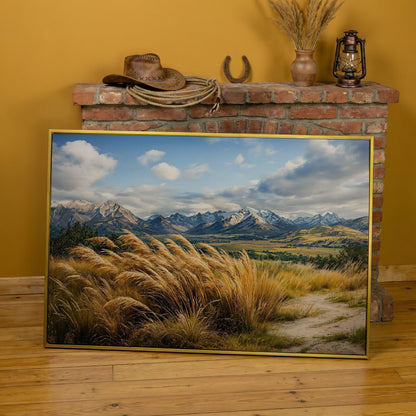 Mountain Valley Panoramic Canvas in yellow gold floating frame