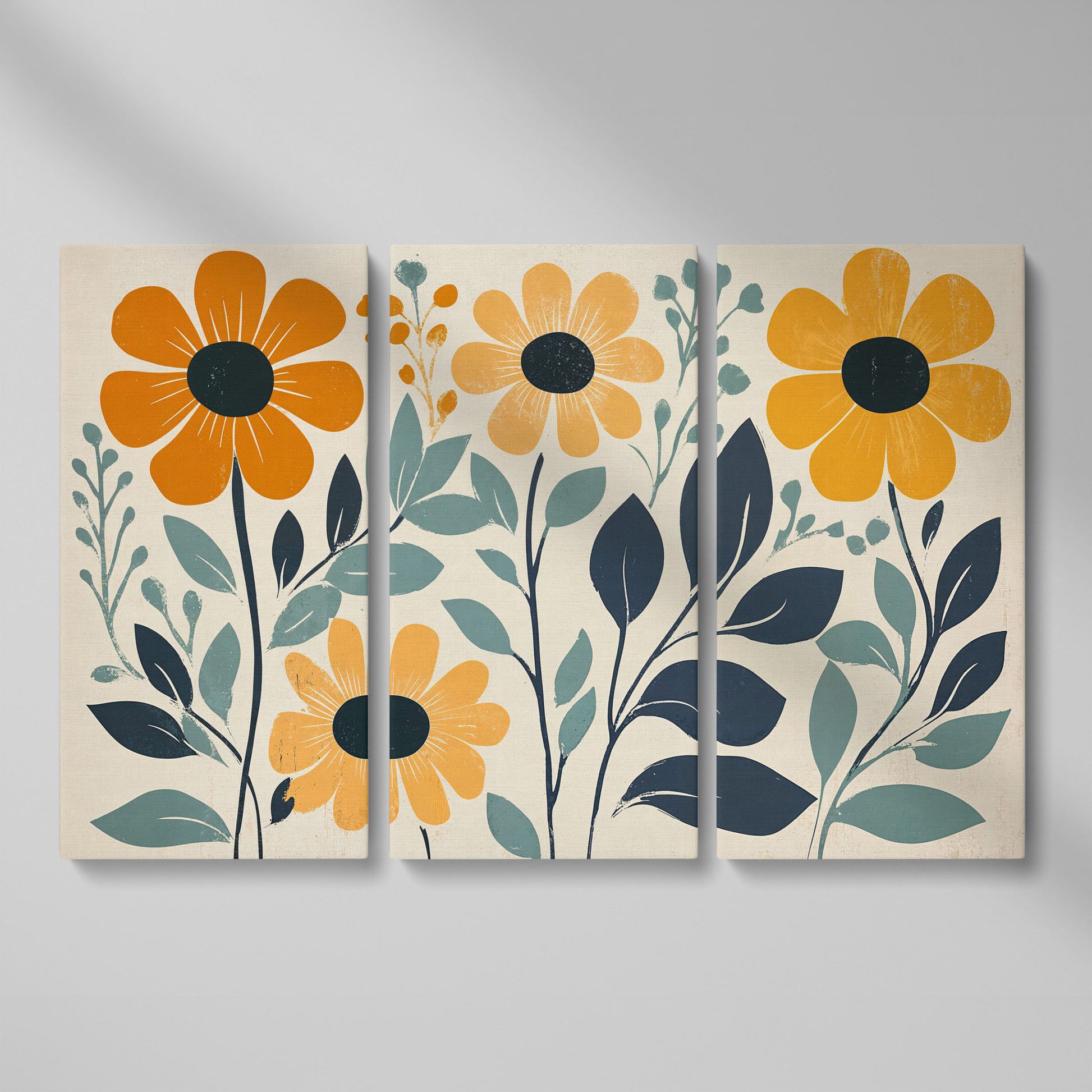 Yellow Flowers on Teal Canvas Art as 3-panel split version