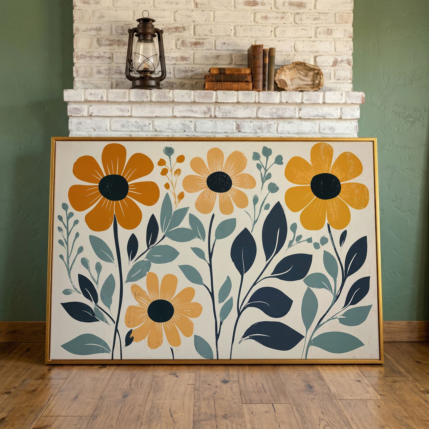 Yellow Flowers on Teal Canvas Art in antique gold floating frame