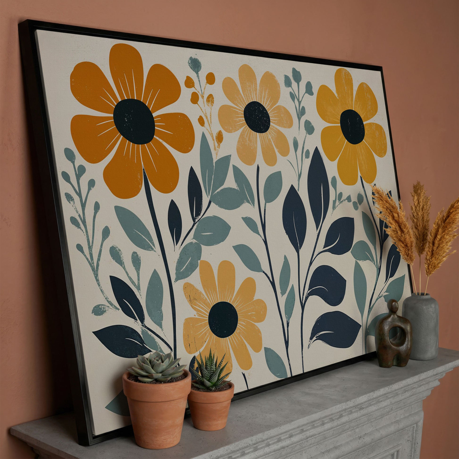 Yellow Flowers on Teal Canvas Art in black floating frame