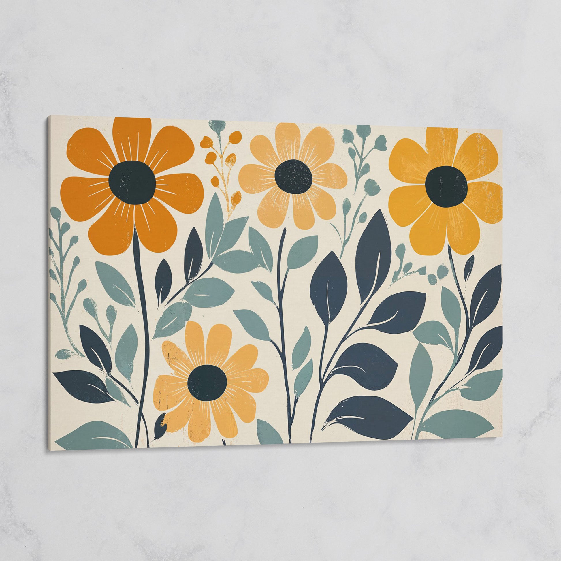 Yellow Flowers on Teal Canvas Art on gallery wrap