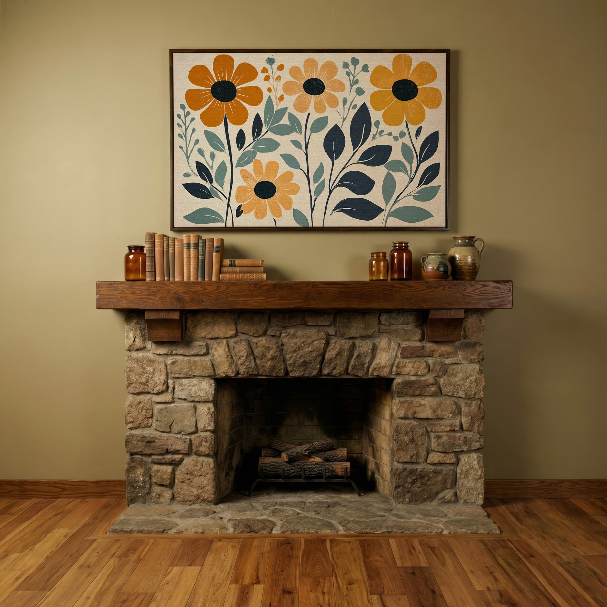 Yellow Flowers on Teal Canvas Art in dark walnut floating frame