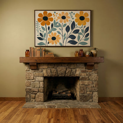 Yellow Flowers on Teal Canvas Art in dark walnut floating frame