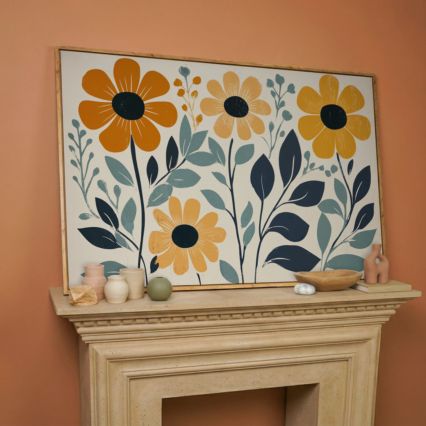 Yellow Flowers on Teal Canvas Art in white oak floating frame