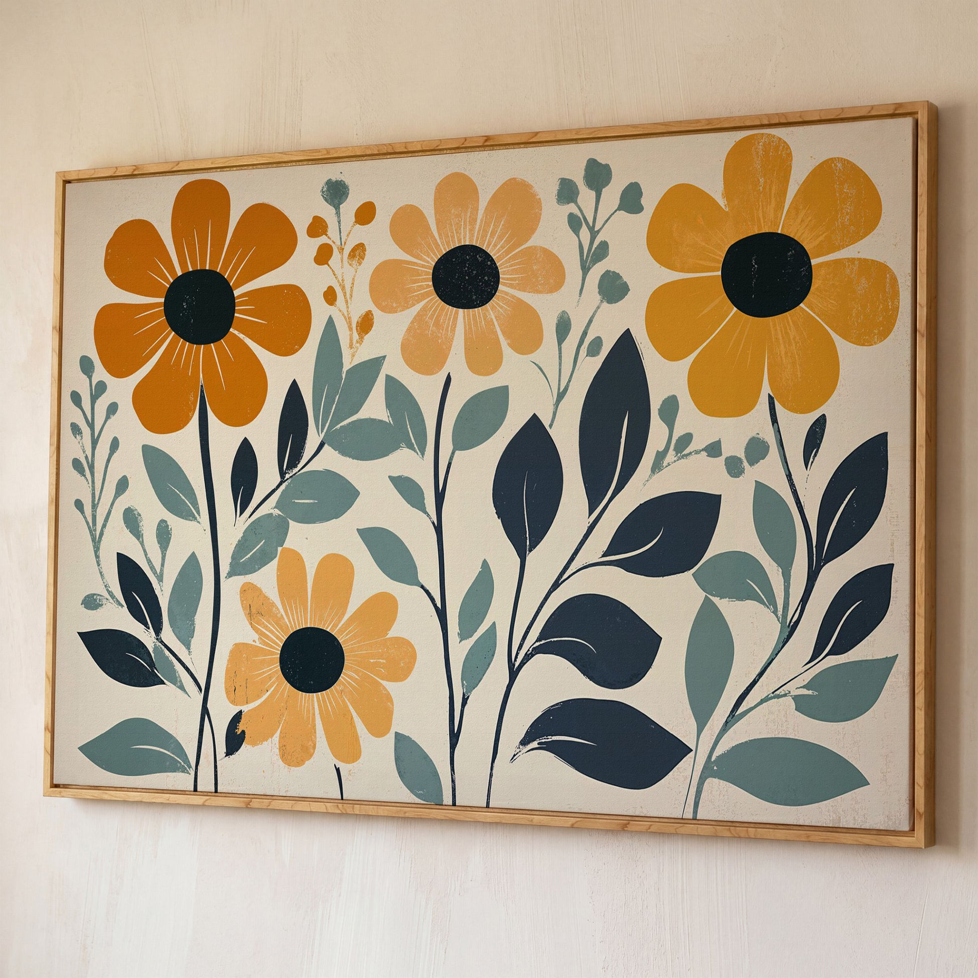 Yellow Flowers on Teal Canvas Art shown in white oak floating frame