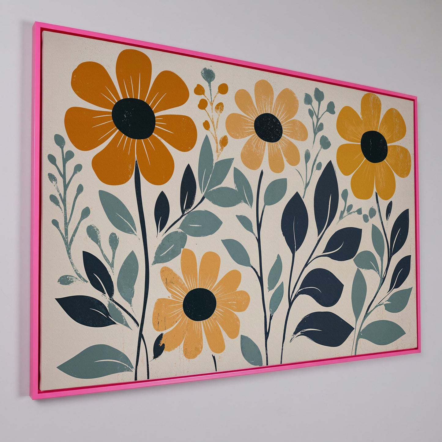 Yellow Flowers on Teal Canvas Art in pink floating frame