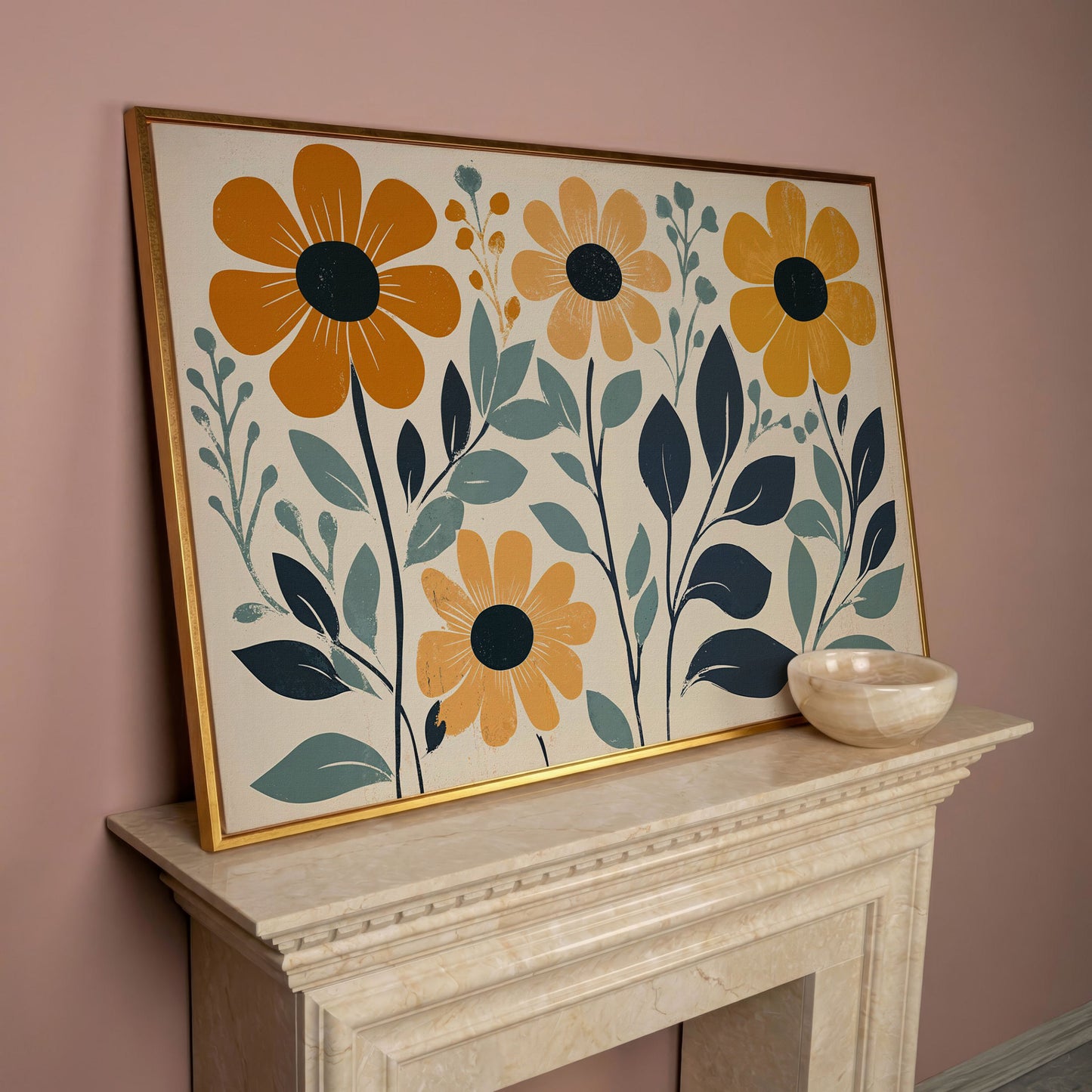 Yellow Flowers on Teal Canvas Art in rose gold floating frame