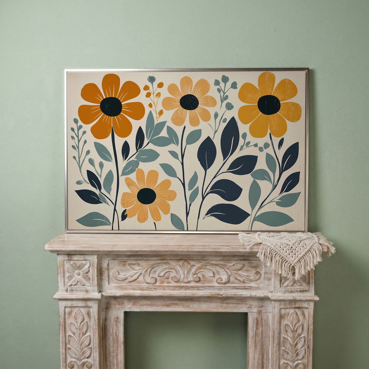 Yellow Flowers on Teal Canvas Art in silver floating frame