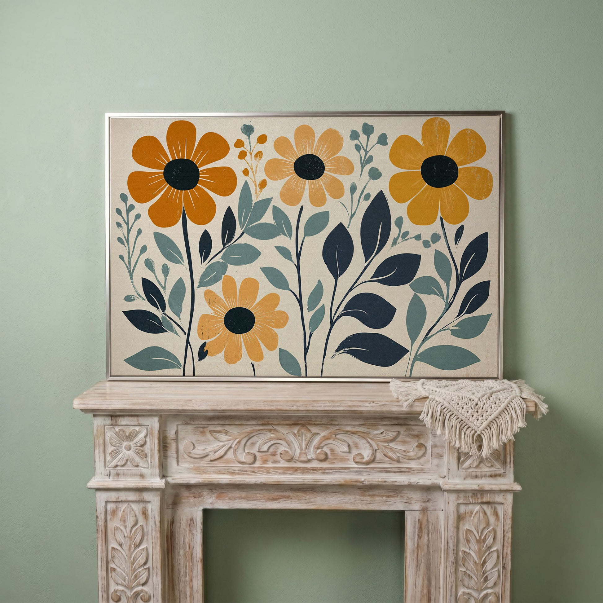 Yellow Flowers on Teal Canvas Art in silver floating frame