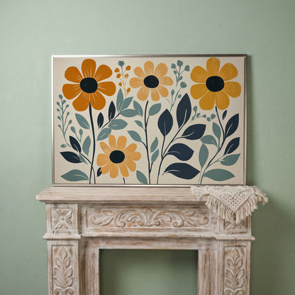Yellow Flowers on Teal Canvas Art in silver floating frame