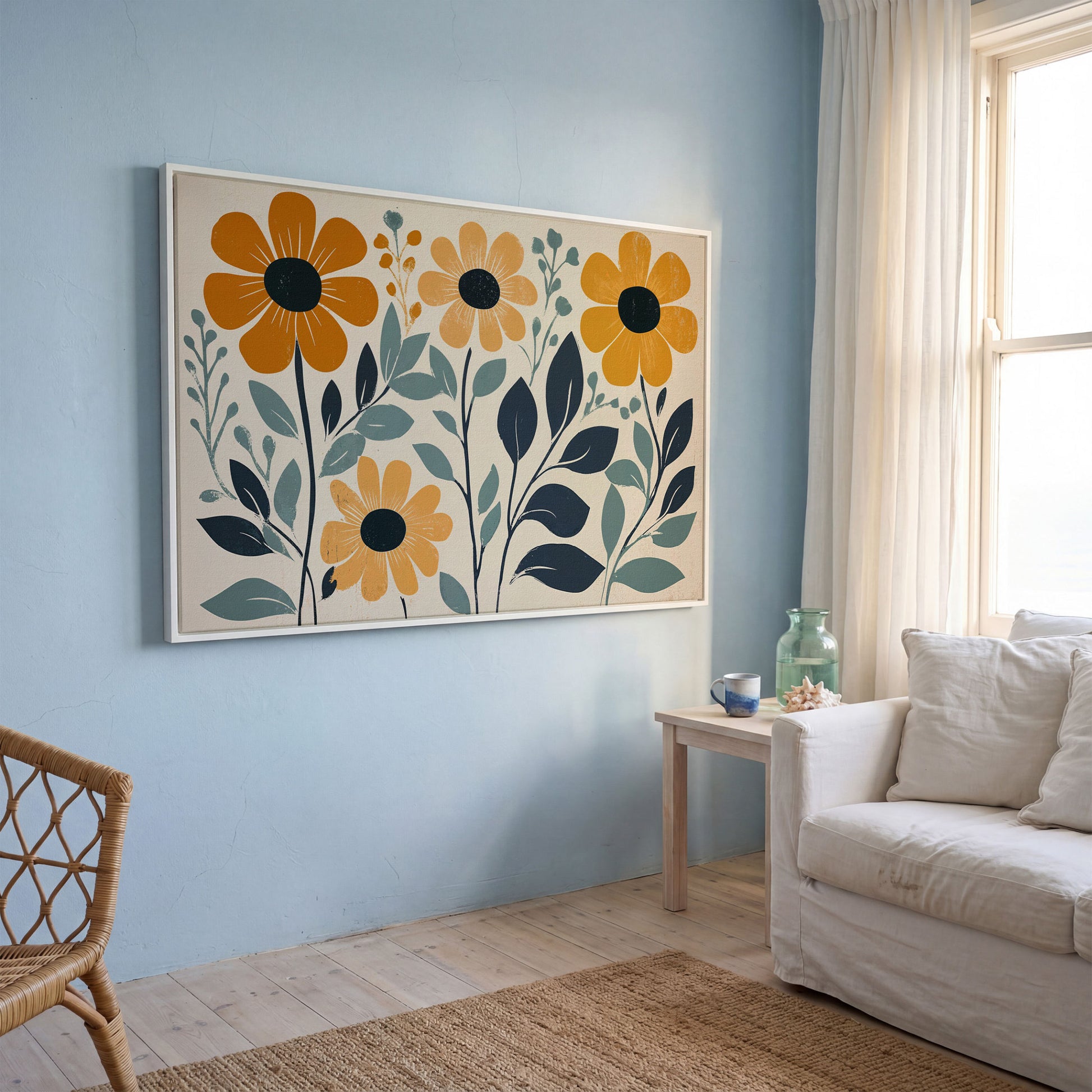 Yellow Flowers on Teal Canvas Art in white floating frame