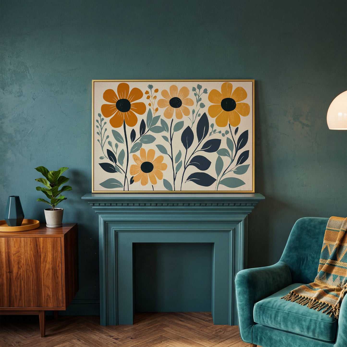 Yellow Flowers on Teal Canvas Art in yellow gold floating frame