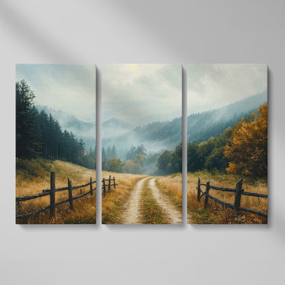 Misty Mountain Road with Weathered Fence Canvas Print as 3-panel split version
