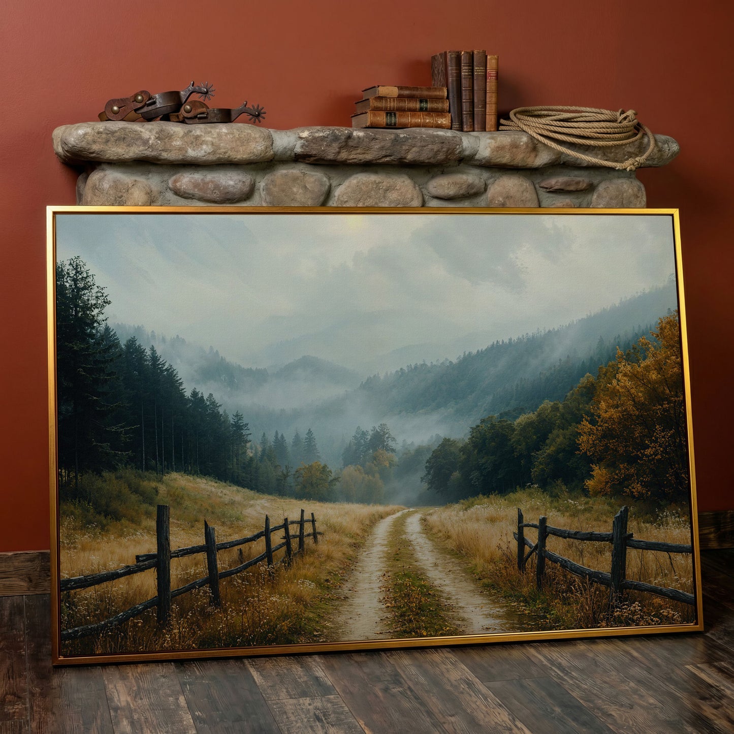 Misty Mountain Road with Weathered Fence Canvas Print in antique gold floating frame