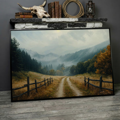 Misty Mountain Road with Weathered Fence Canvas Print in black floating frame