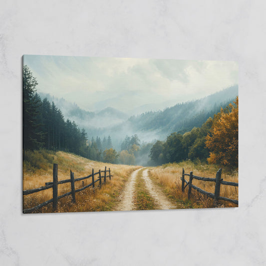 Misty Mountain Road with Weathered Fence Canvas Print on gallery wrap