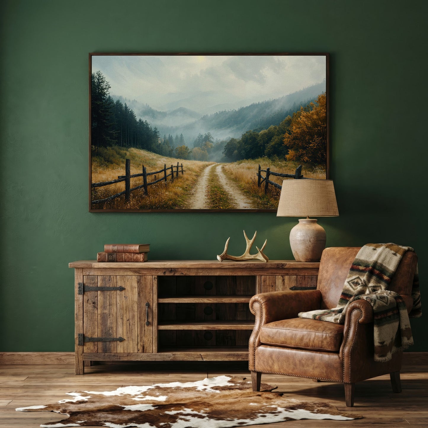 Misty Mountain Road with Weathered Fence Canvas Print in dark walnut floating frame