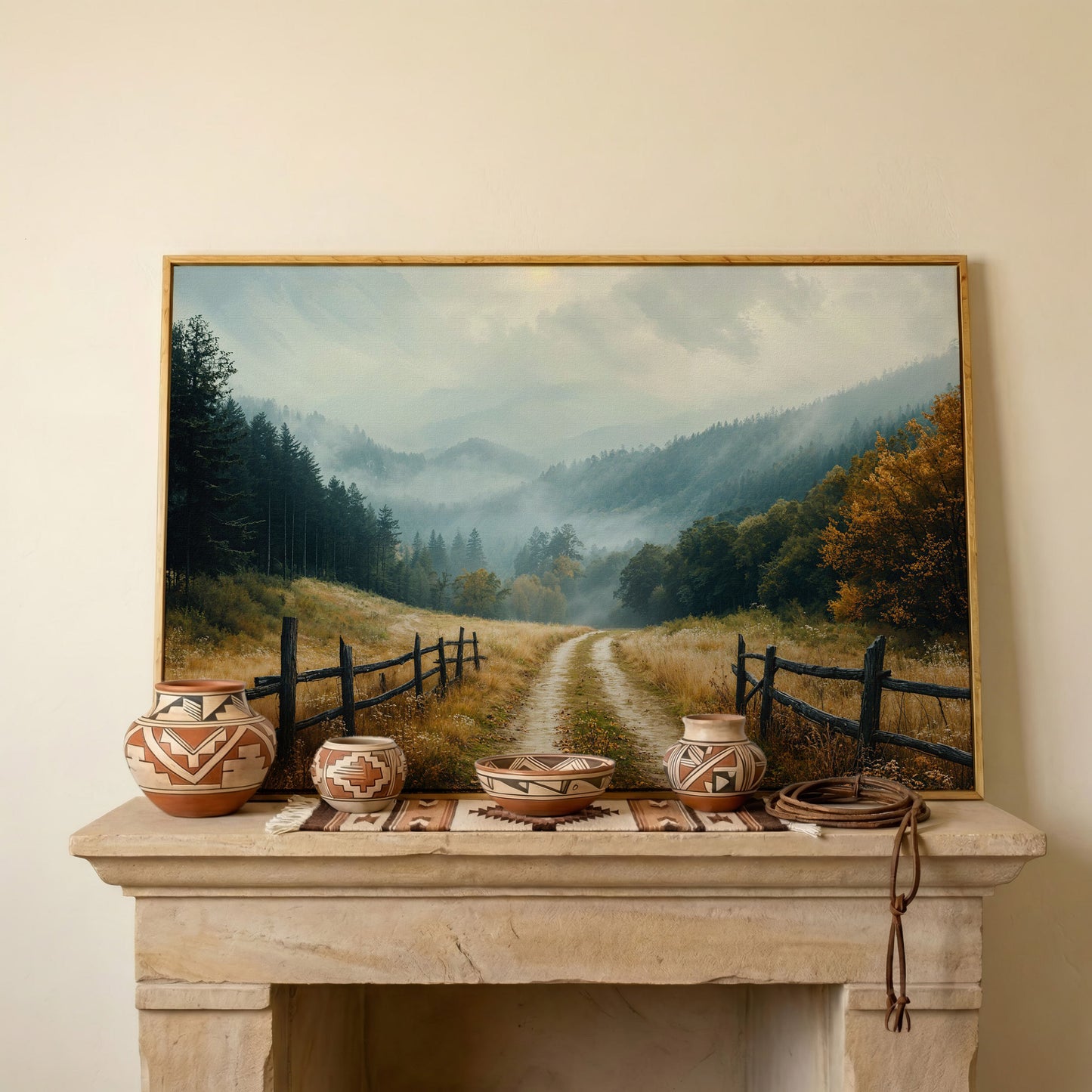 Misty Mountain Road with Weathered Fence Canvas Print in white oak floating frame