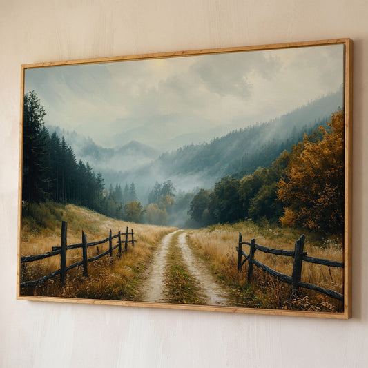 Misty Mountain Road with Weathered Fence Canvas Print shown in white oak floating frame