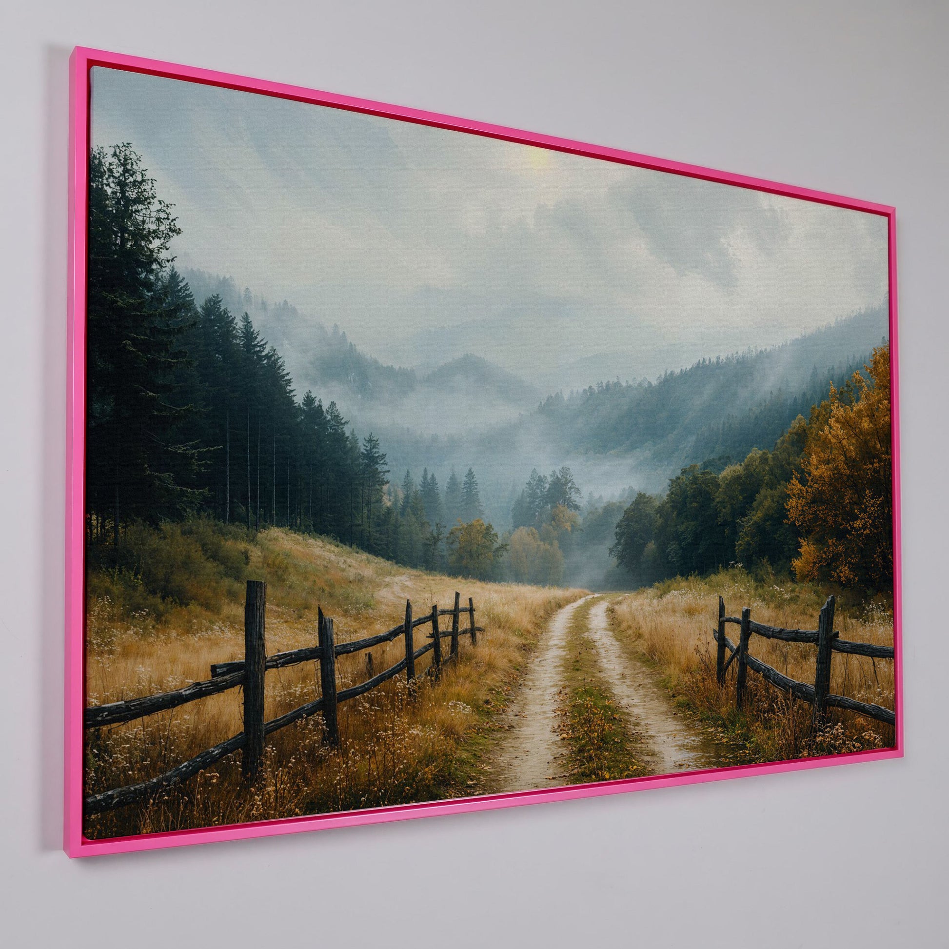 Misty Mountain Road with Weathered Fence Canvas Print in pink floating frame