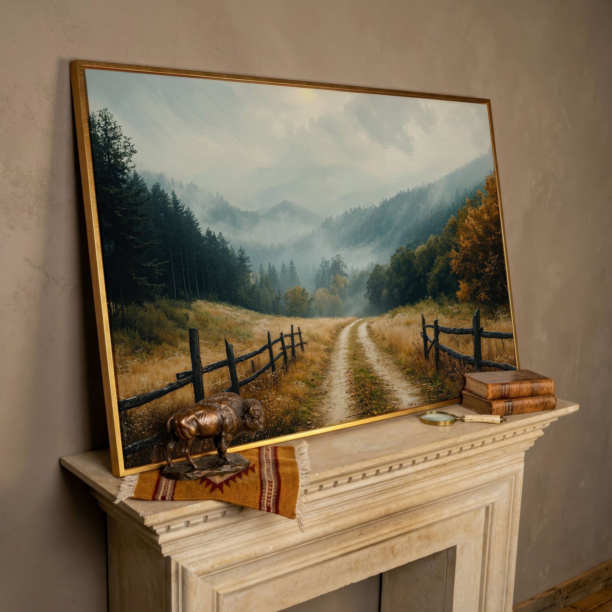 Misty Mountain Road with Weathered Fence Canvas Print in rose gold floating frame