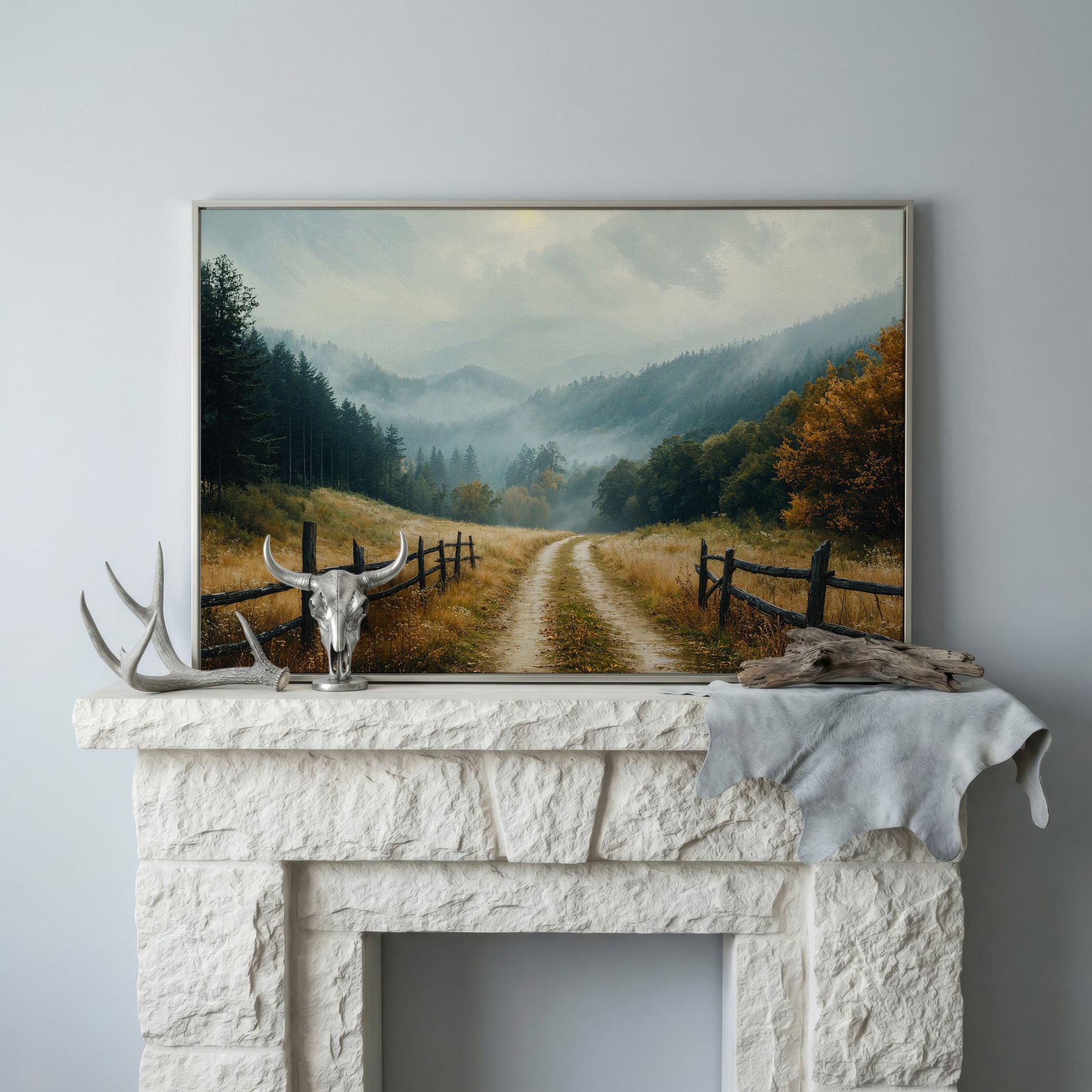 Misty Mountain Road with Weathered Fence Canvas Print in silver floating frame