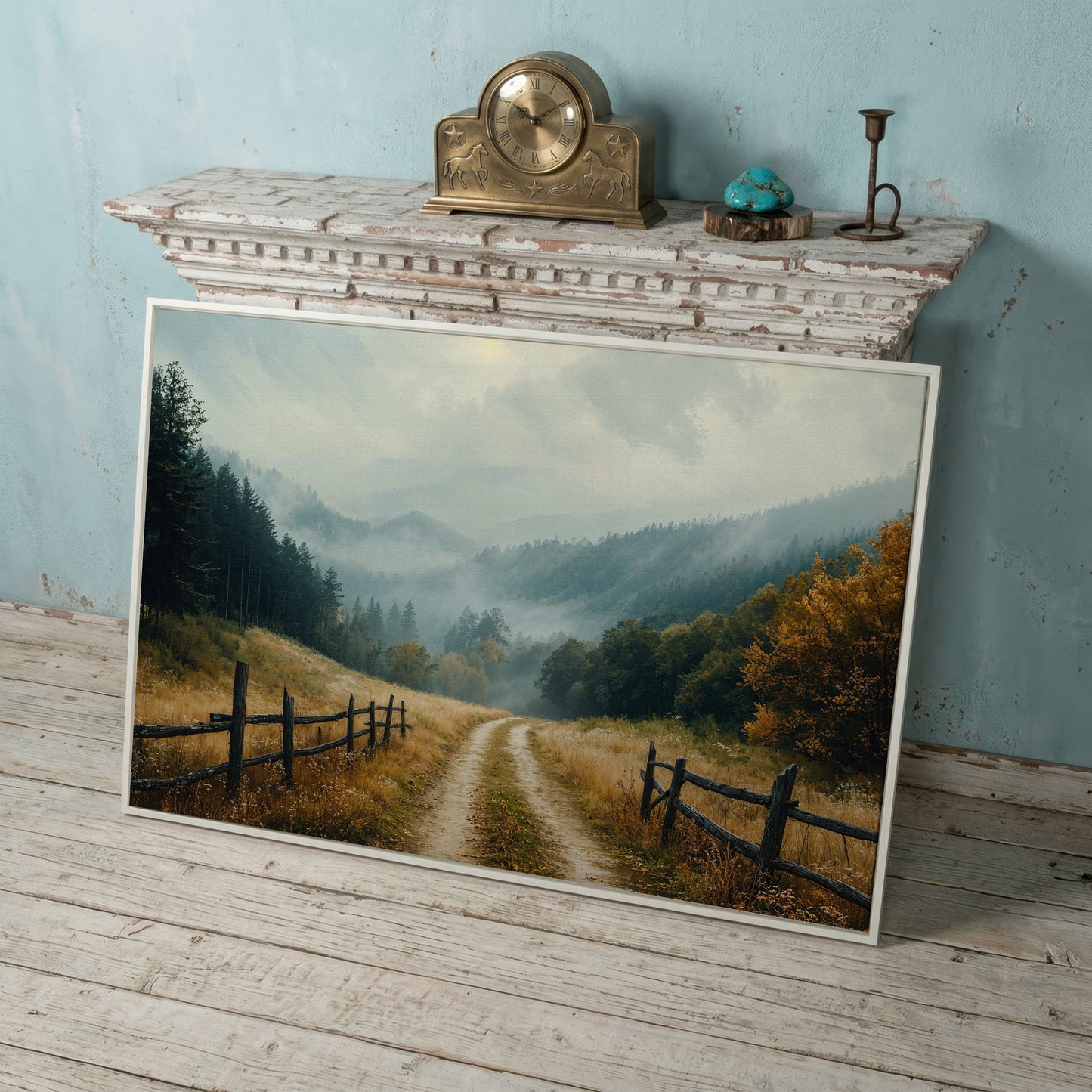 Misty Mountain Road with Weathered Fence Canvas Print in white floating frame