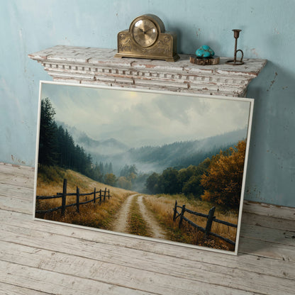 Misty Mountain Road with Weathered Fence Canvas Print in white floating frame