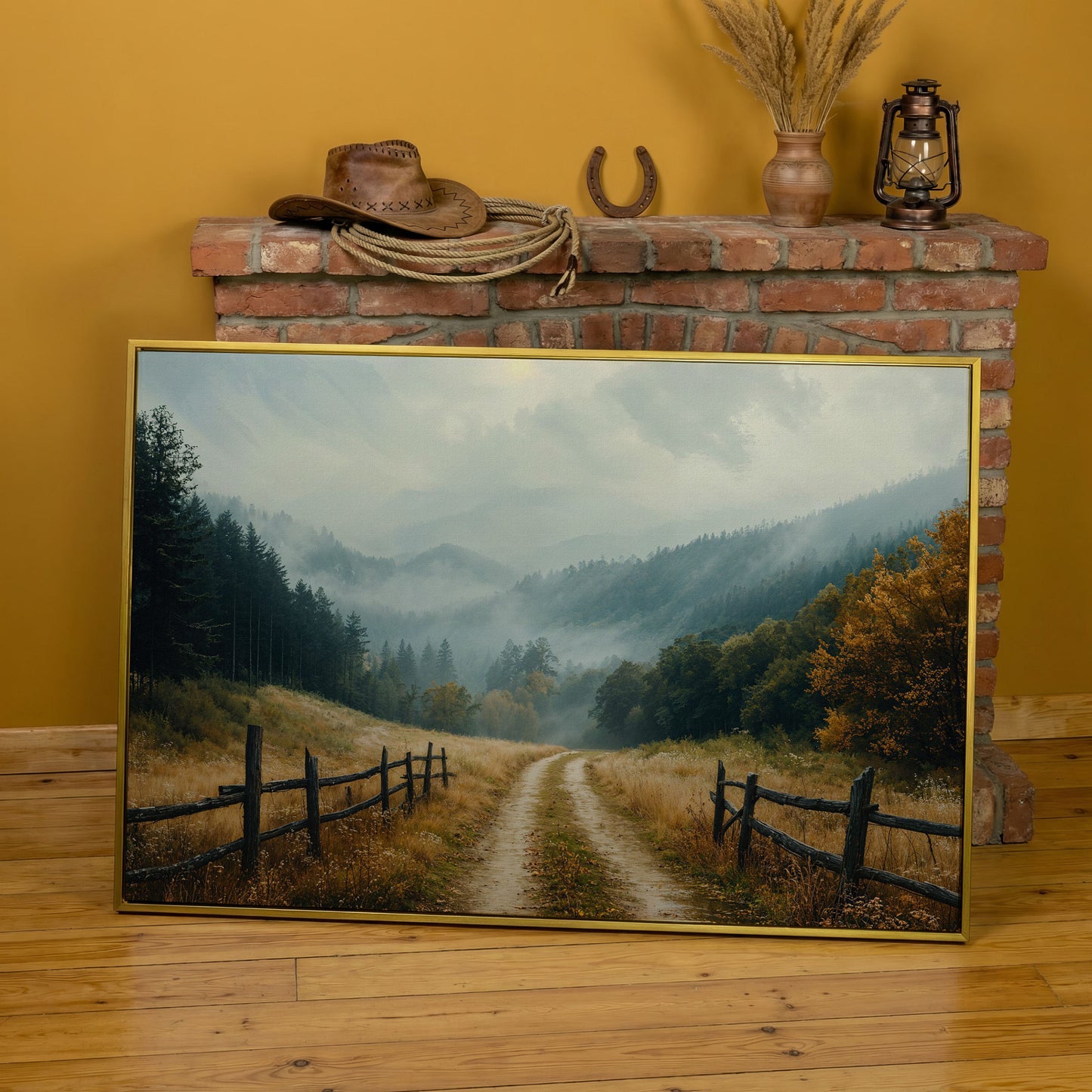 Misty Mountain Road with Weathered Fence Canvas Print in yellow gold floating frame