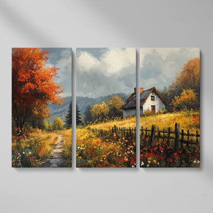 Cozy Cottage in Meadow Canvas Wall Art as 3-panel split version