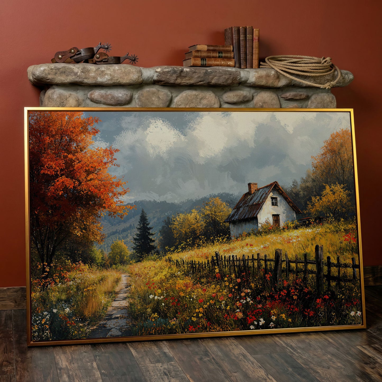 Cozy Cottage in Meadow Canvas Wall Art in antique gold floating frame