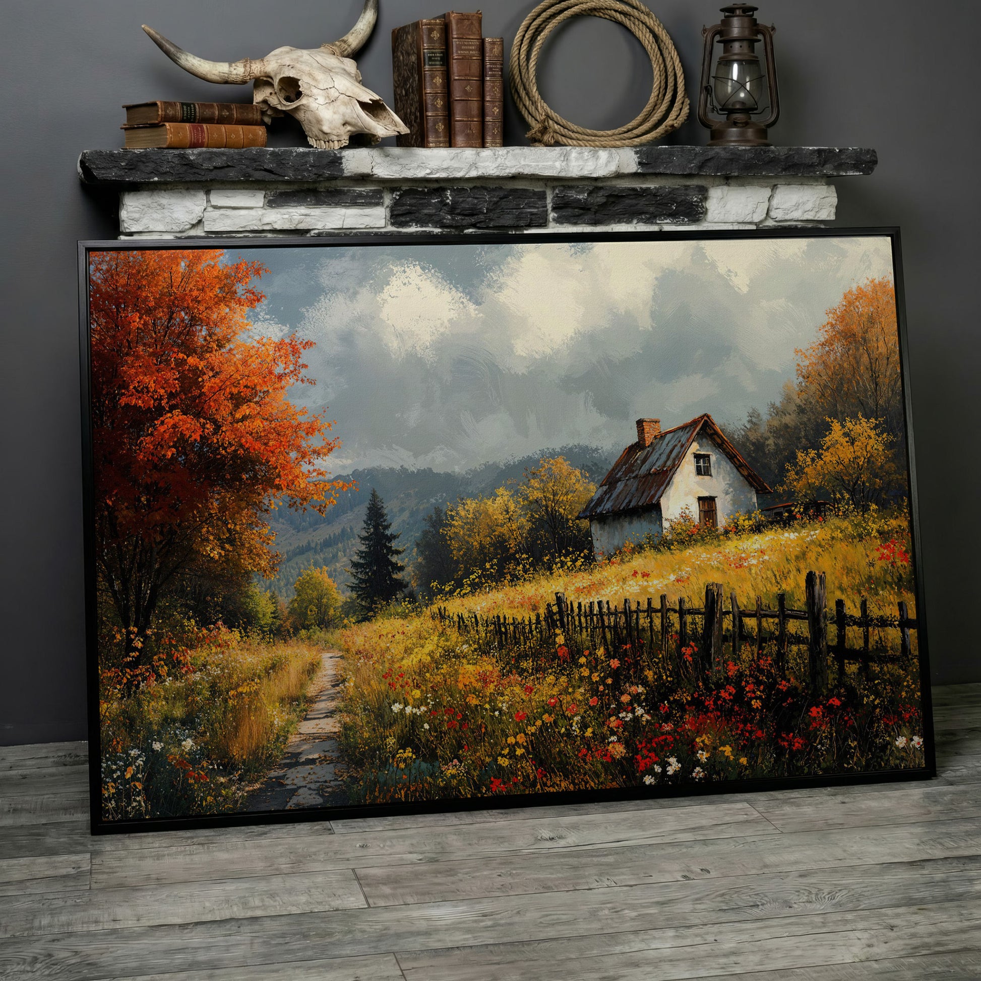 Cozy Cottage in Meadow Canvas Wall Art in black floating frame