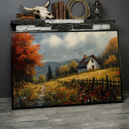 Cozy Cottage in Meadow Canvas Wall Art in black floating frame