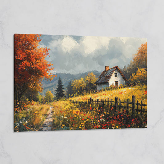 Cozy Cottage in Meadow Canvas Wall Art on gallery wrap