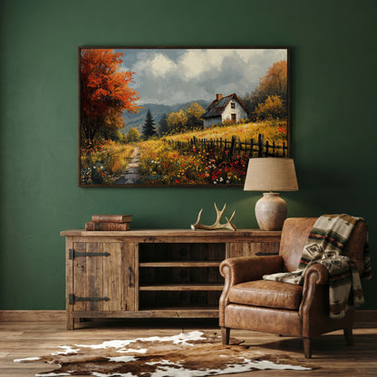 Cozy Cottage in Meadow Canvas Wall Art in dark walnut floating frame