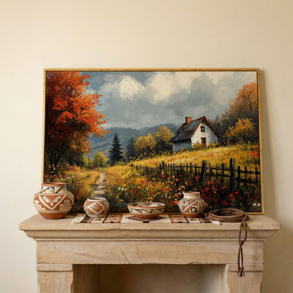 Cozy Cottage in Meadow Canvas Wall Art in white oak floating frame