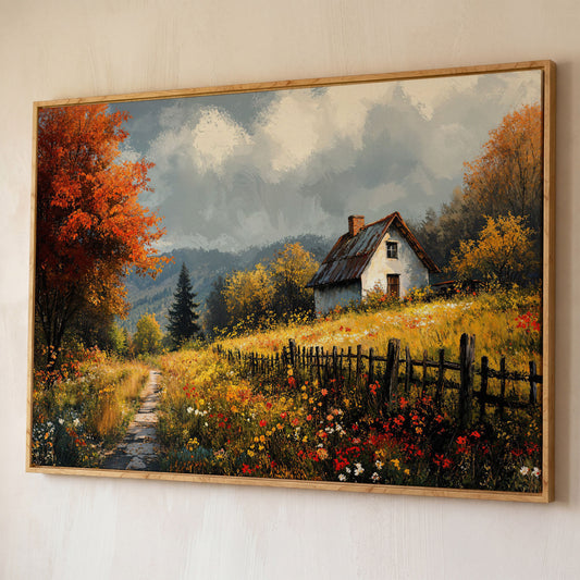 Cozy Cottage in Meadow Canvas Wall Art shown in white oak floating frame