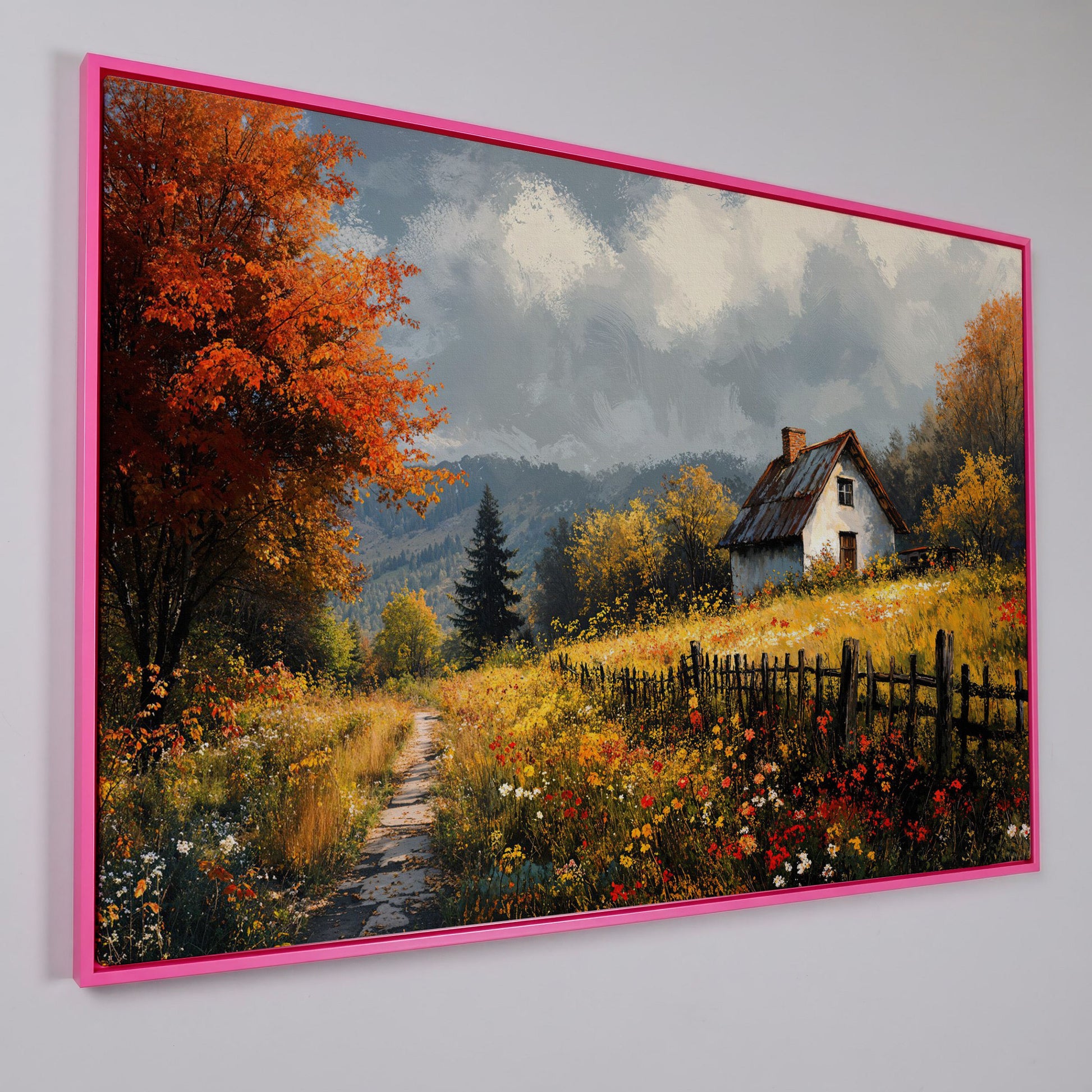 Cozy Cottage in Meadow Canvas Wall Art in pink floating frame
