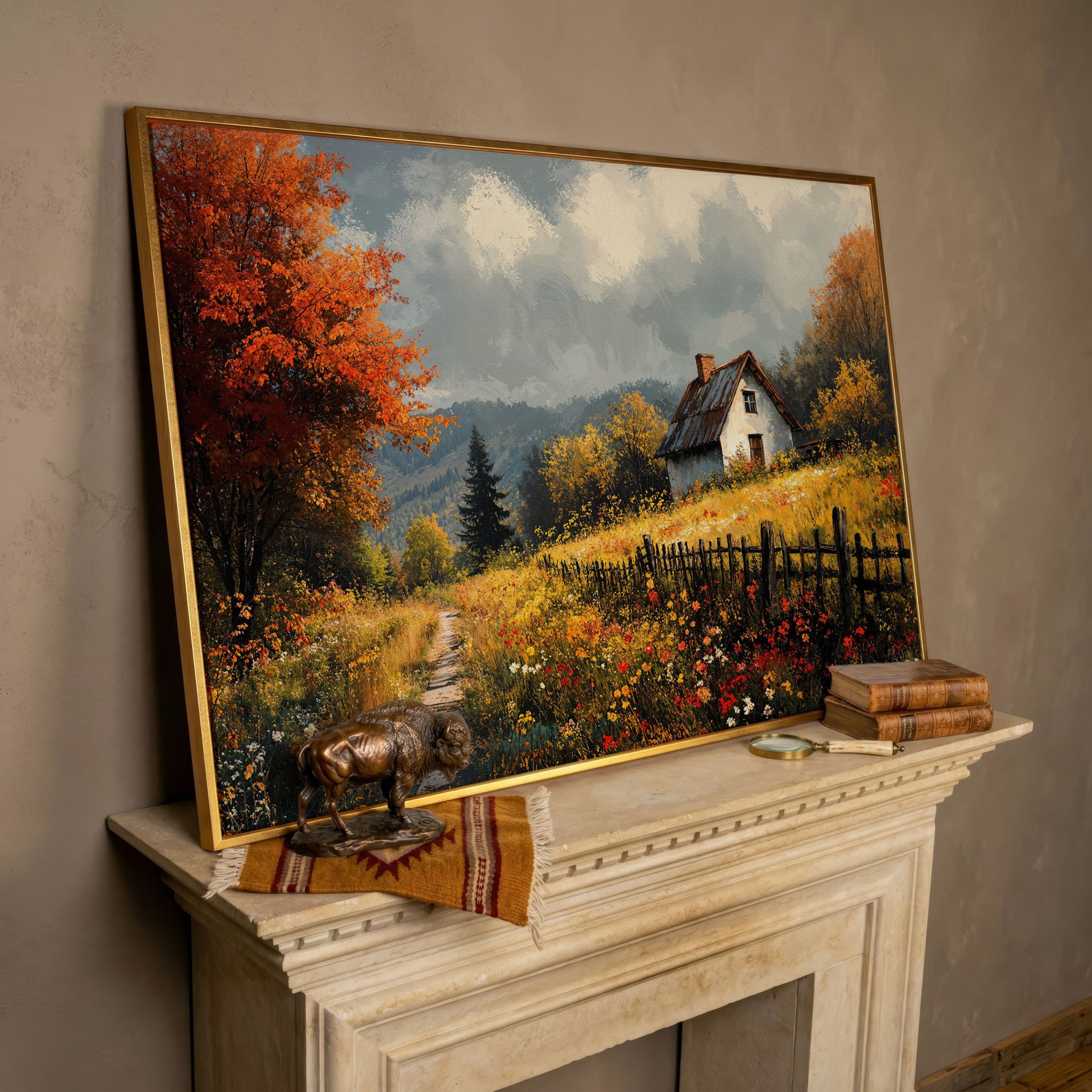 Cozy Cottage in Meadow Canvas Wall Art in rose gold floating frame
