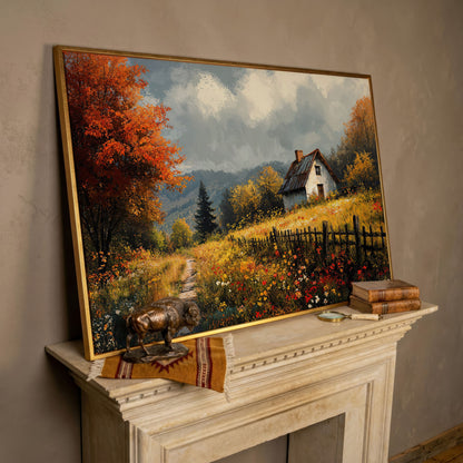 Cozy Cottage in Meadow Canvas Wall Art in rose gold floating frame