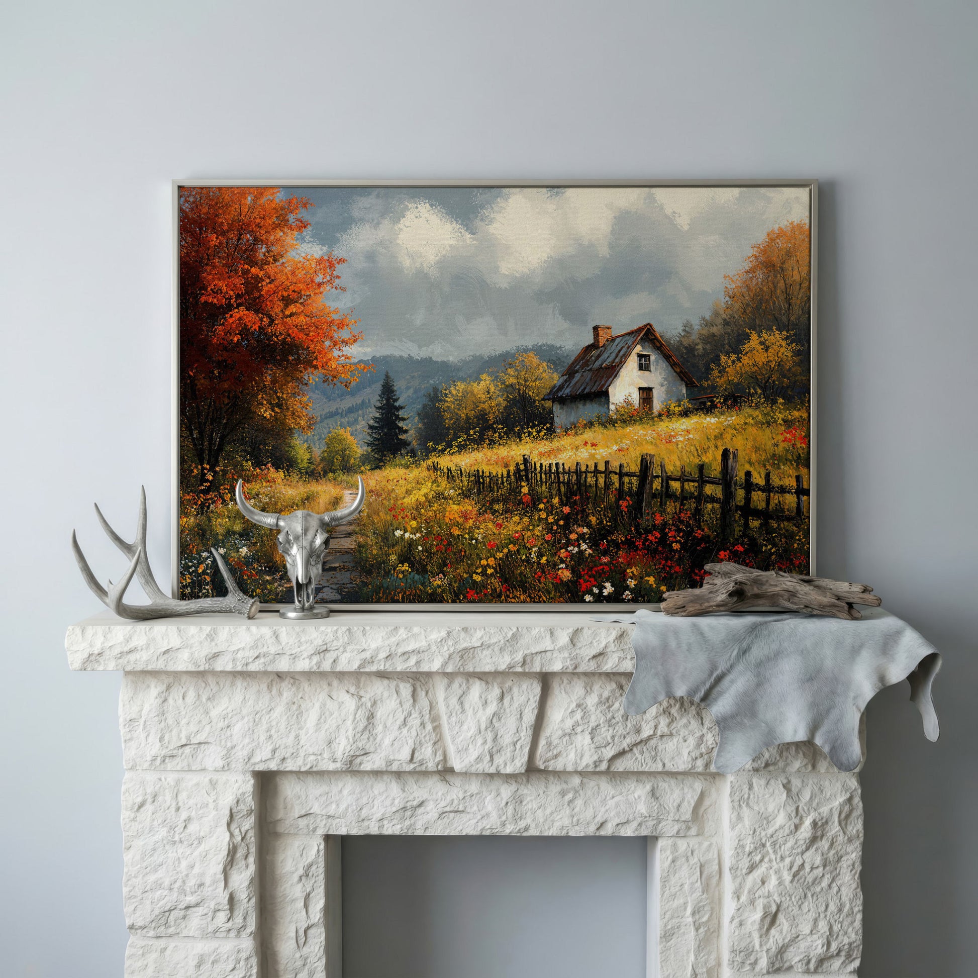 Cozy Cottage in Meadow Canvas Wall Art in silver floating frame