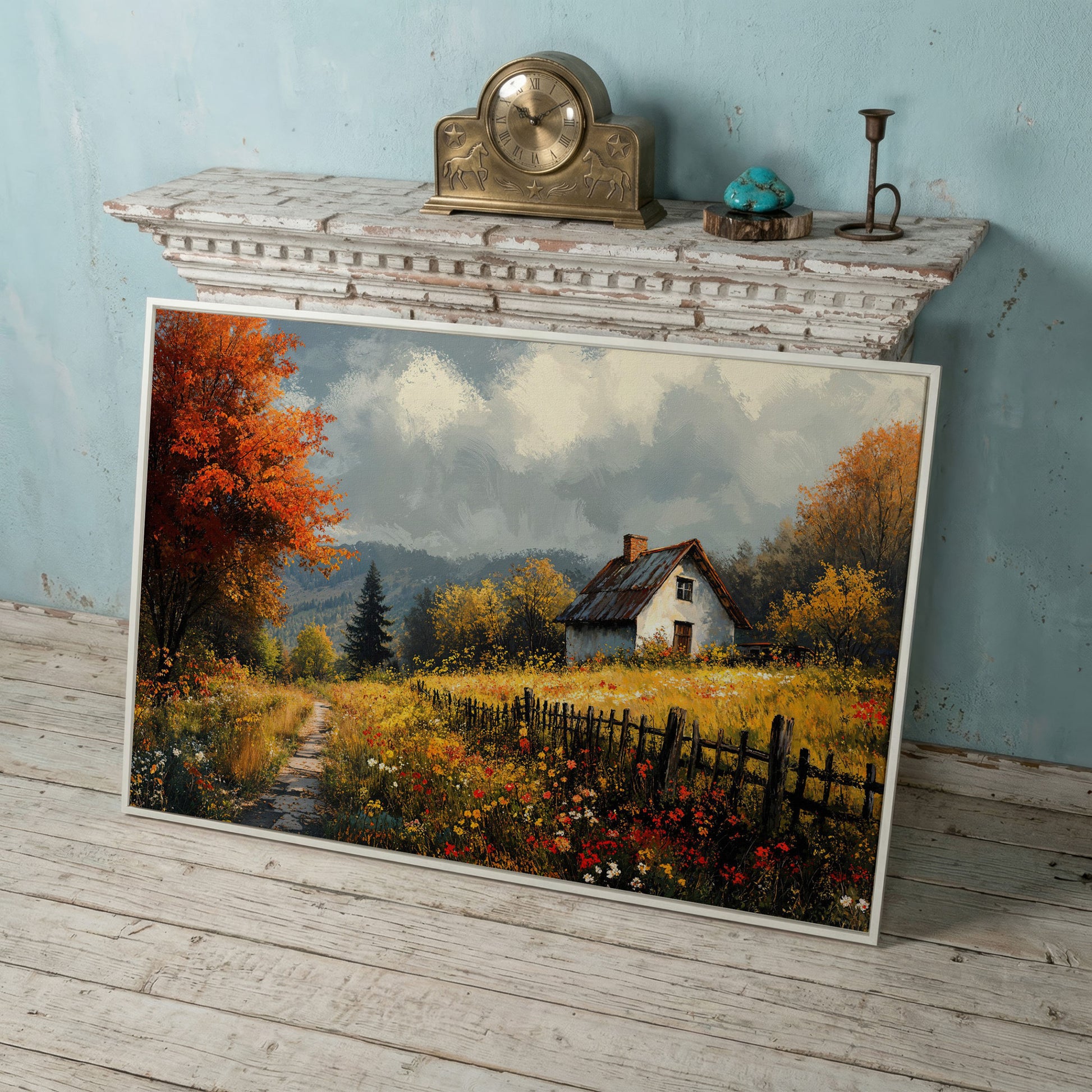 Cozy Cottage in Meadow Canvas Wall Art in white floating frame