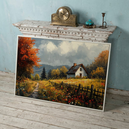 Cozy Cottage in Meadow Canvas Wall Art in white floating frame