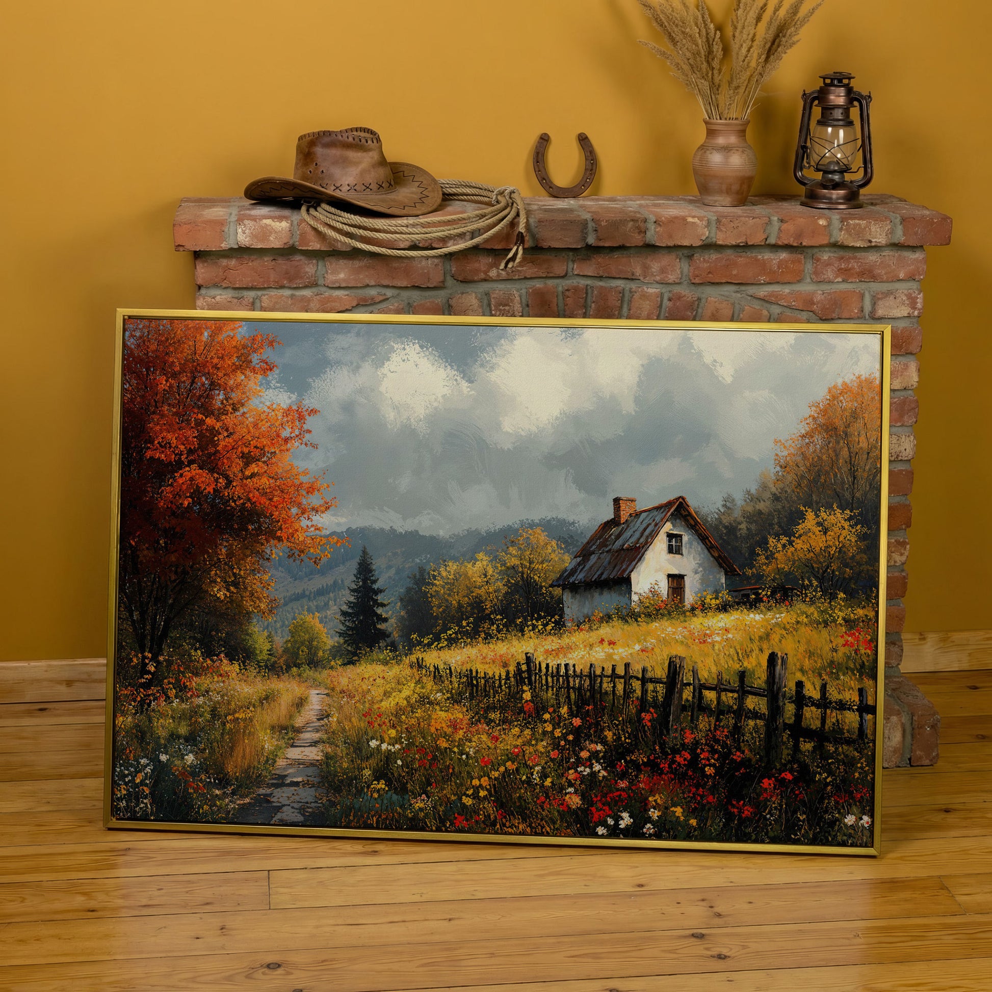 Cozy Cottage in Meadow Canvas Wall Art in yellow gold floating frame