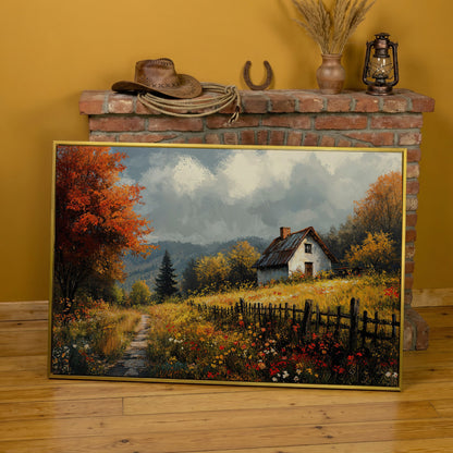 Cozy Cottage in Meadow Canvas Wall Art in yellow gold floating frame