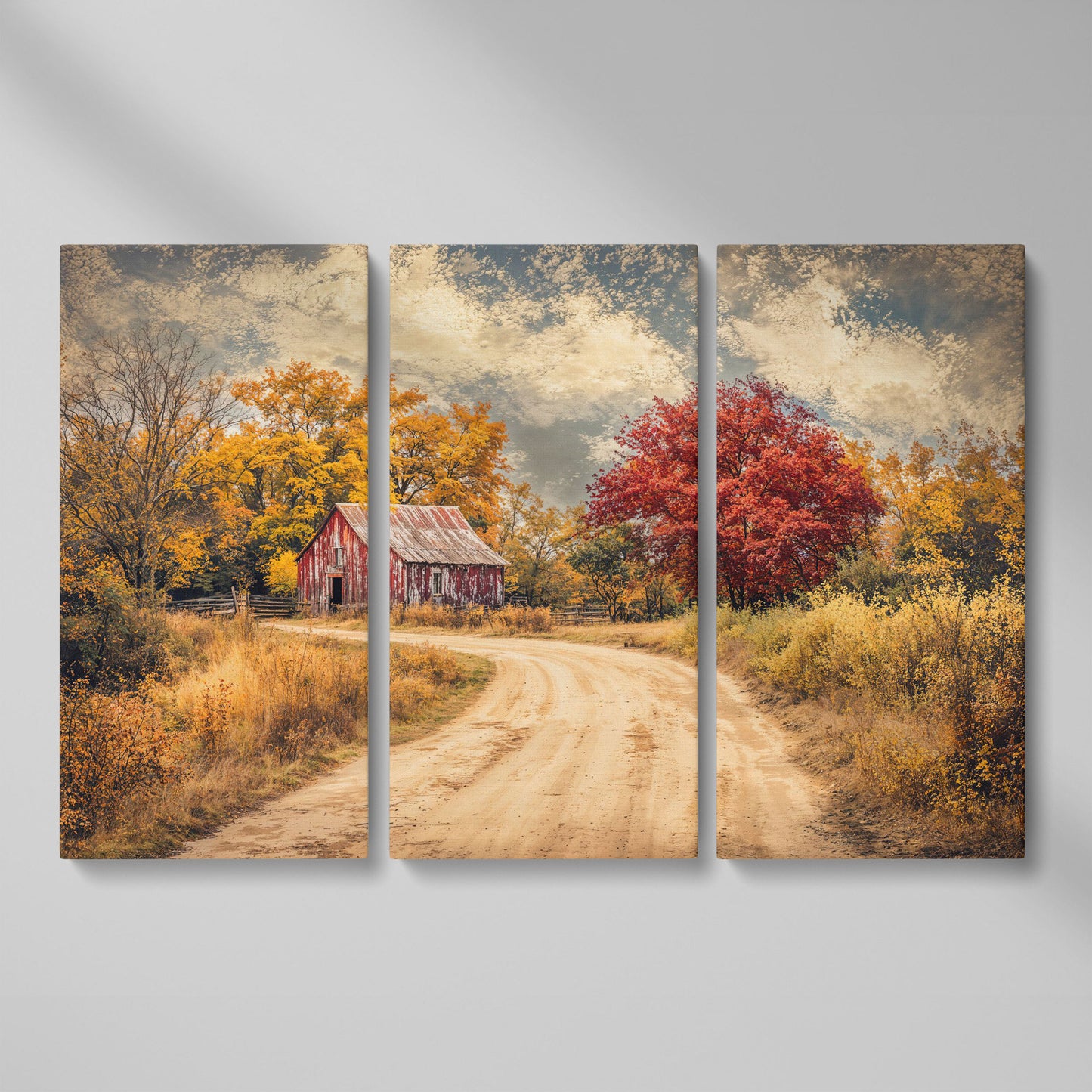 Red Barn in Autumn Foliage Canvas Wall Art as 3-panel split version