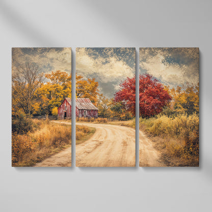 Red Barn in Autumn Foliage Canvas Wall Art as 3-panel split version