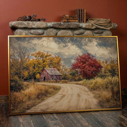 Red Barn in Autumn Foliage Canvas Wall Art in antique gold floating frame